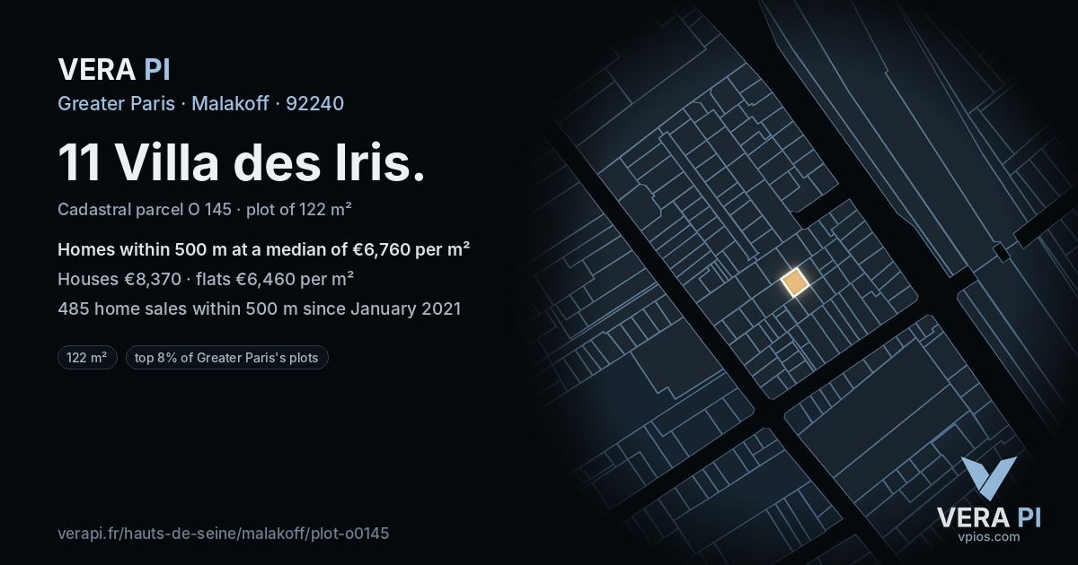 11 Villa des Iris, Malakoff at night – the plot lit, the parcels around coloured by the prices near them