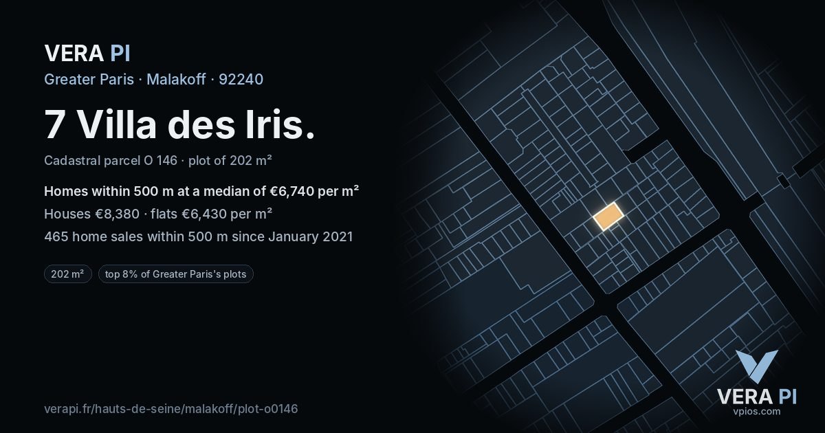 7 Villa des Iris, Malakoff at night – the plot lit, the parcels around coloured by the prices near them