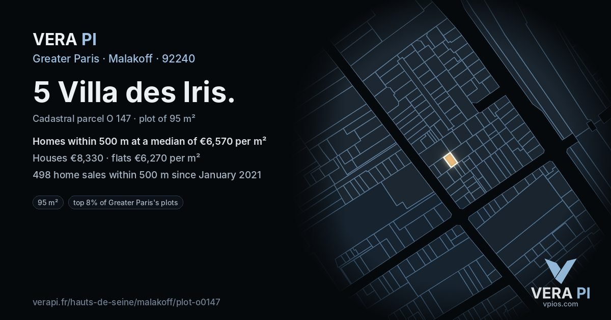 5 Villa des Iris, Malakoff at night – the plot lit, the parcels around coloured by the prices near them