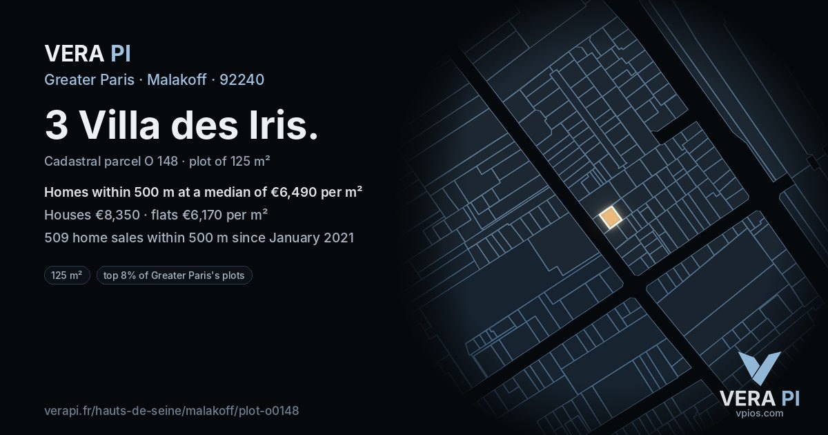 3 Villa des Iris, Malakoff at night – the plot lit, the parcels around coloured by the prices near them
