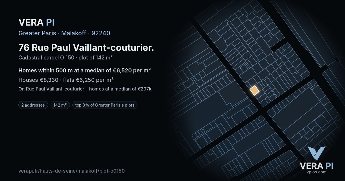 76 Rue Paul Vaillant-couturier, Malakoff at night – the plot lit, the parcels around coloured by the prices near them