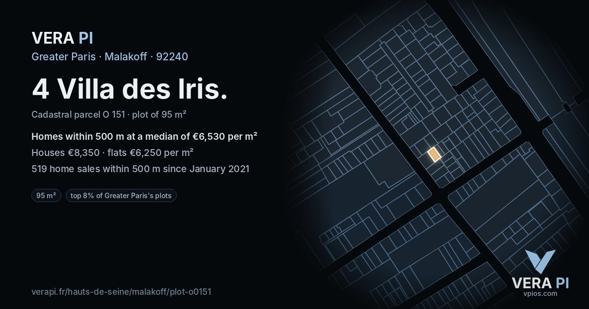 4 Villa des Iris, Malakoff at night – the plot lit, the parcels around coloured by the prices near them