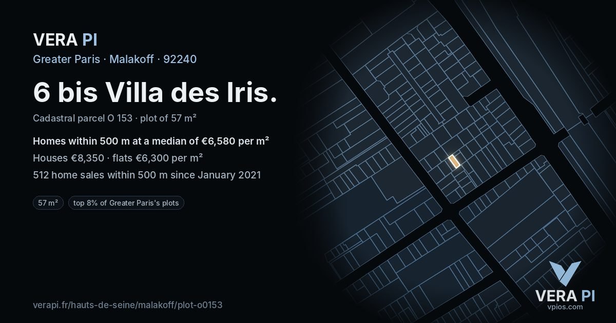 6 bis Villa des Iris, Malakoff at night – the plot lit, the parcels around coloured by the prices near them