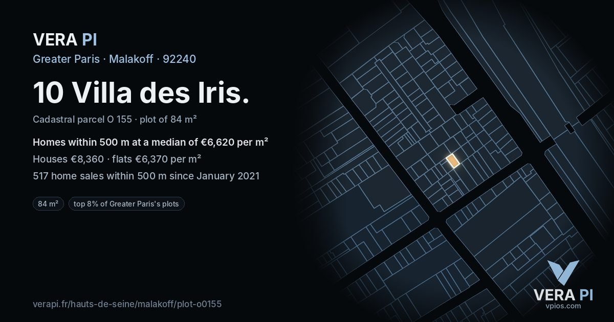 10 Villa des Iris, Malakoff at night – the plot lit, the parcels around coloured by the prices near them