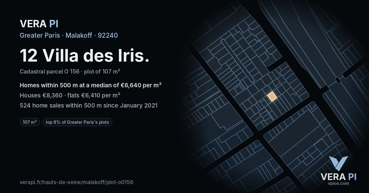 12 Villa des Iris, Malakoff at night – the plot lit, the parcels around coloured by the prices near them