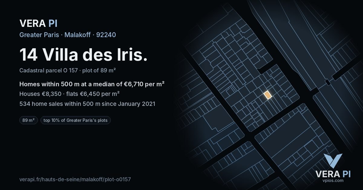 14 Villa des Iris, Malakoff at night – the plot lit, the parcels around coloured by the prices near them