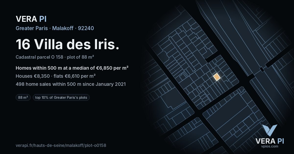 16 Villa des Iris, Malakoff at night – the plot lit, the parcels around coloured by the prices near them