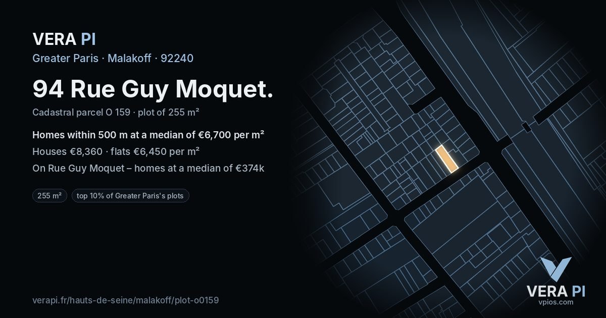 94 Rue Guy Moquet, Malakoff at night – the plot lit, the parcels around coloured by the prices near them