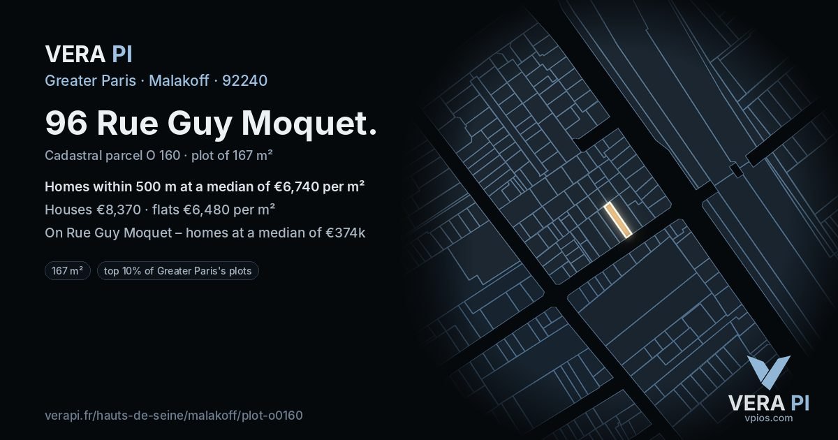 96 Rue Guy Moquet, Malakoff at night – the plot lit, the parcels around coloured by the prices near them