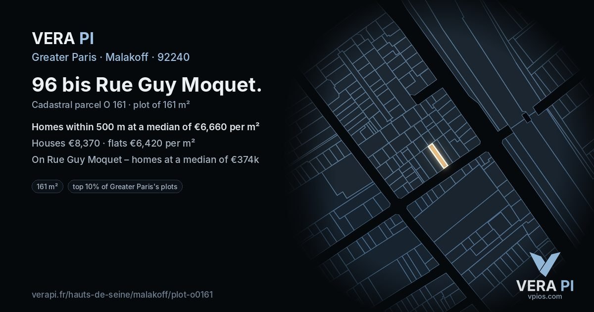 96 bis Rue Guy Moquet, Malakoff at night – the plot lit, the parcels around coloured by the prices near them