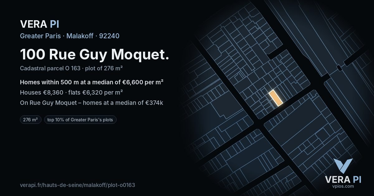 100 Rue Guy Moquet, Malakoff at night – the plot lit, the parcels around coloured by the prices near them