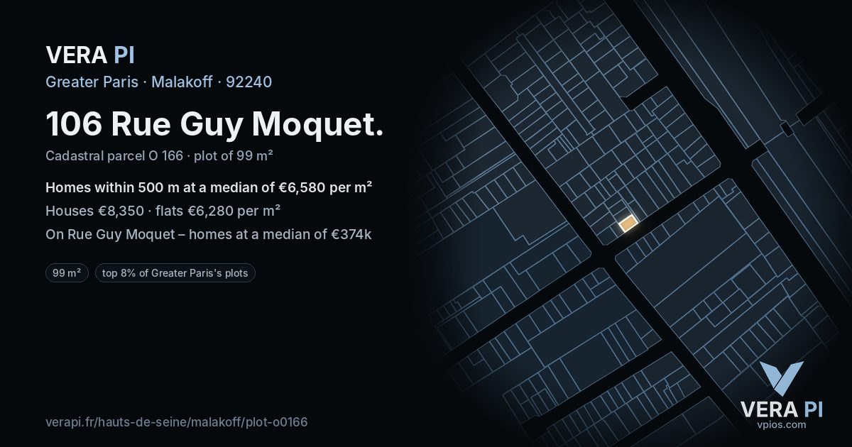 106 Rue Guy Moquet, Malakoff at night – the plot lit, the parcels around coloured by the prices near them