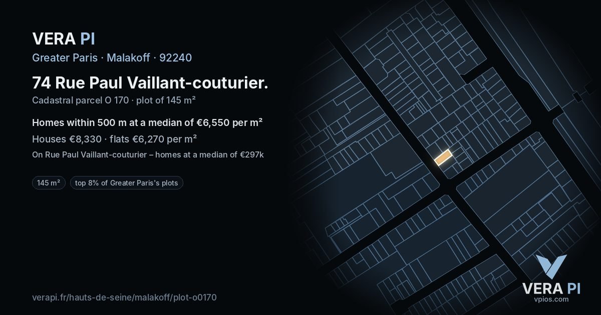 74 Rue Paul Vaillant-couturier, Malakoff at night – the plot lit, the parcels around coloured by the prices near them