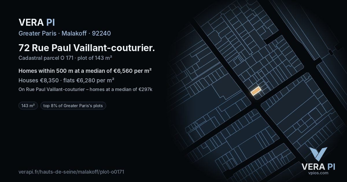 72 Rue Paul Vaillant-couturier, Malakoff at night – the plot lit, the parcels around coloured by the prices near them