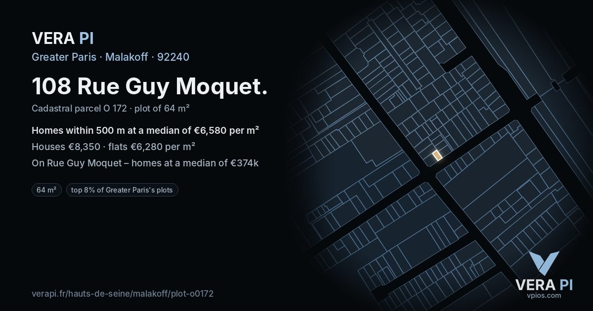 108 Rue Guy Moquet, Malakoff at night – the plot lit, the parcels around coloured by the prices near them