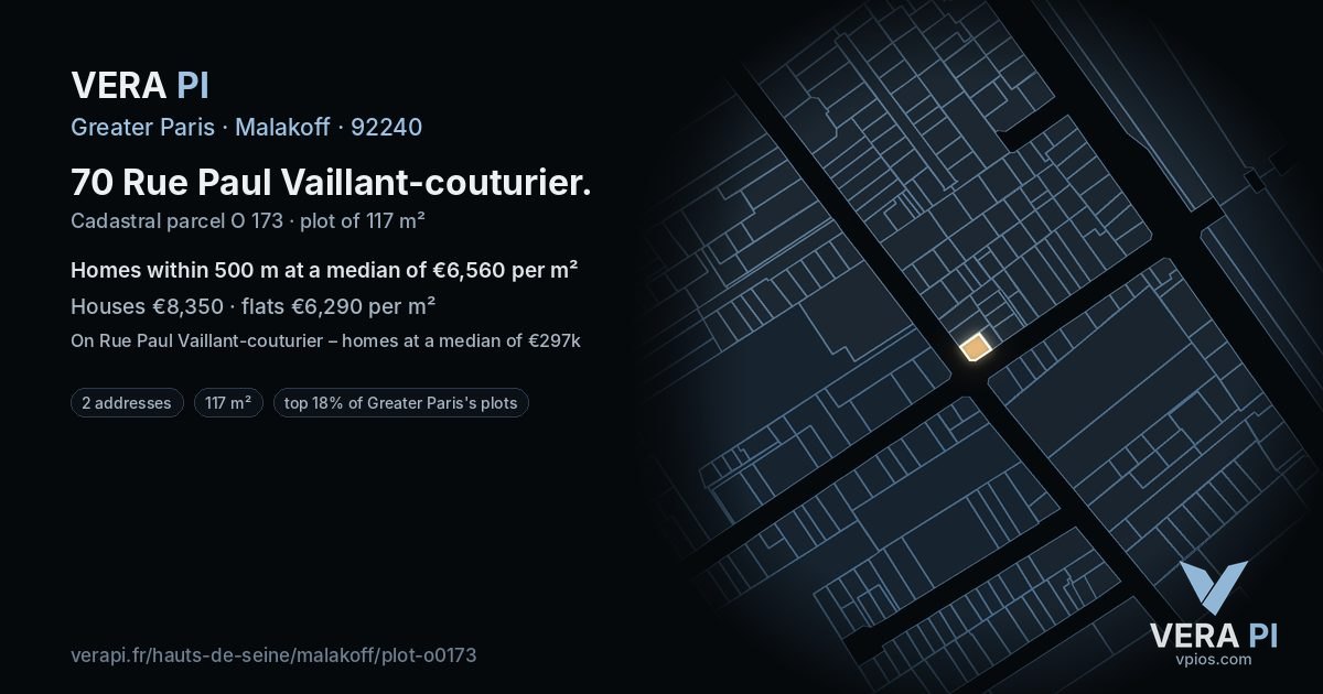 70 Rue Paul Vaillant-couturier, Malakoff at night – the plot lit, the parcels around coloured by the prices near them
