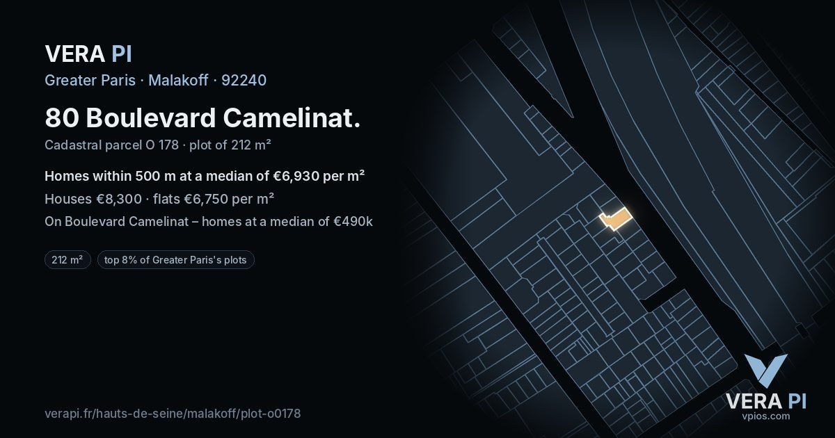 80 Boulevard Camelinat, Malakoff at night – the plot lit, the parcels around coloured by the prices near them