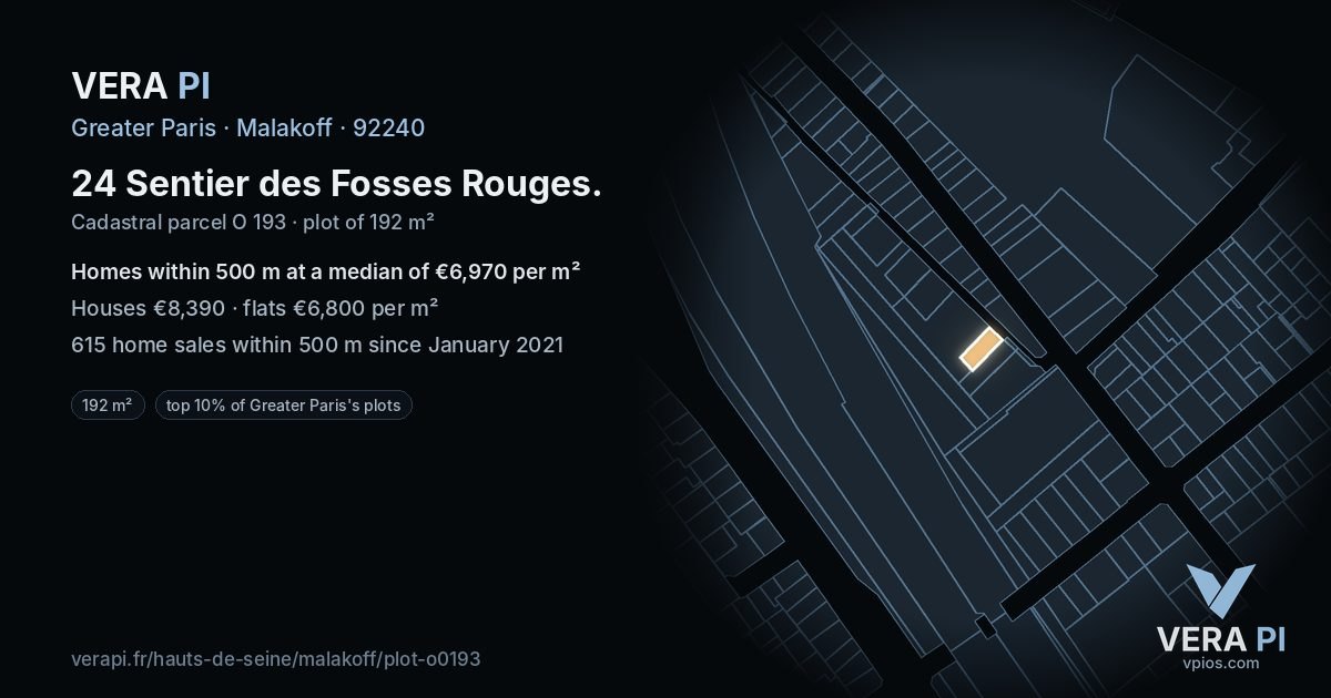24 Sentier des Fosses Rouges, Malakoff at night – the plot lit, the parcels around coloured by the prices near them