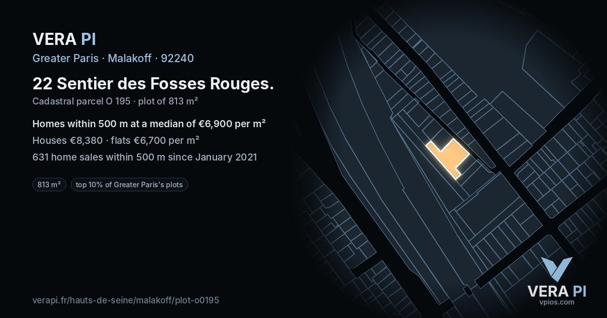 22 Sentier des Fosses Rouges, Malakoff at night – the plot lit, the parcels around coloured by the prices near them