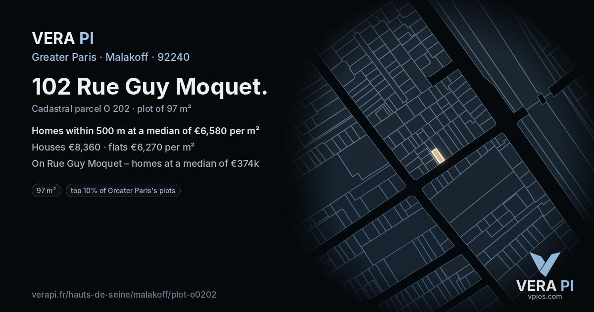 102 Rue Guy Moquet, Malakoff at night – the plot lit, the parcels around coloured by the prices near them