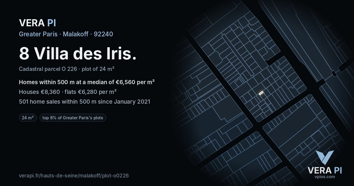 8 Villa des Iris, Malakoff at night – the plot lit, the parcels around coloured by the prices near them