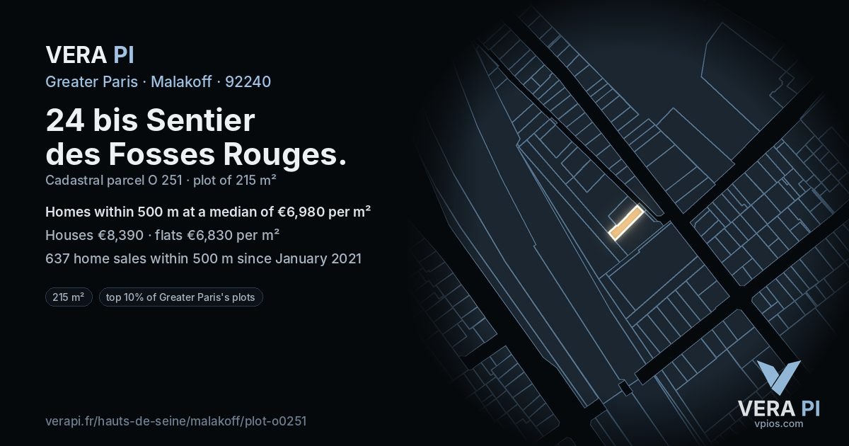 24 bis Sentier des Fosses Rouges, Malakoff at night – the plot lit, the parcels around coloured by the prices near them