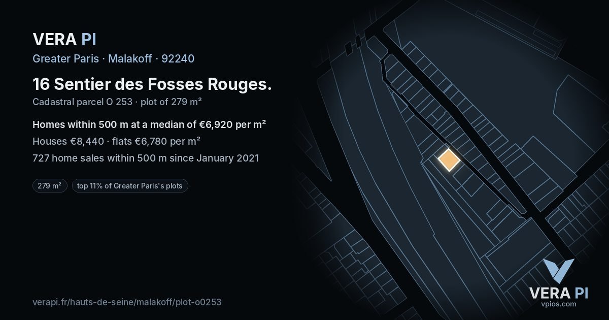 16 Sentier des Fosses Rouges, Malakoff at night – the plot lit, the parcels around coloured by the prices near them