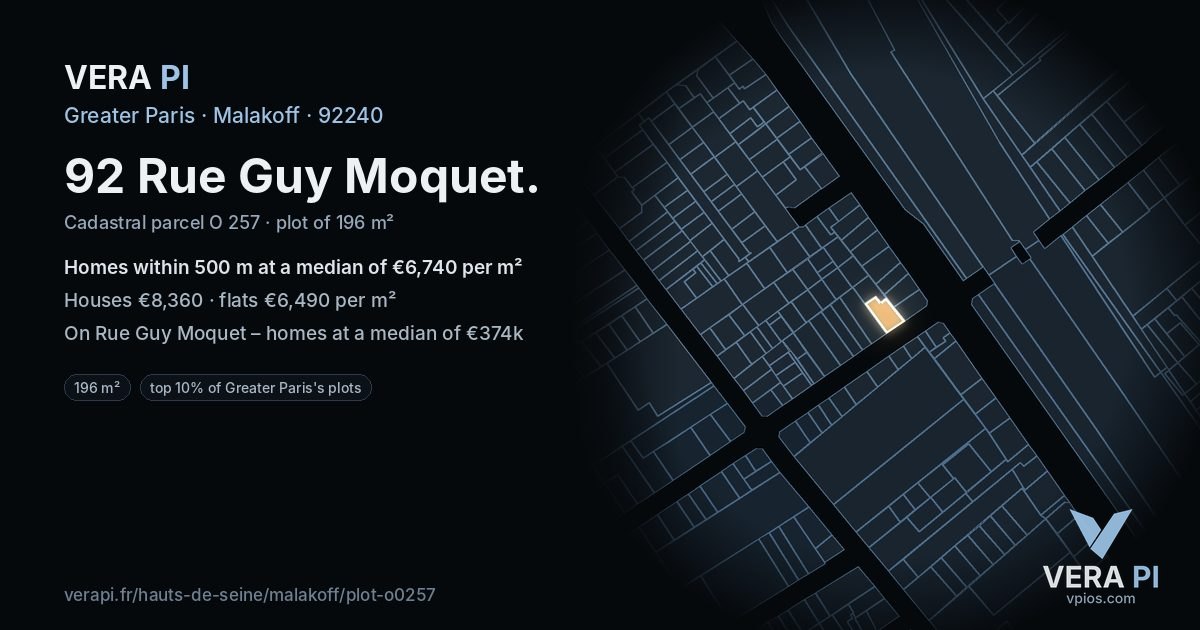 92 Rue Guy Moquet, Malakoff at night – the plot lit, the parcels around coloured by the prices near them