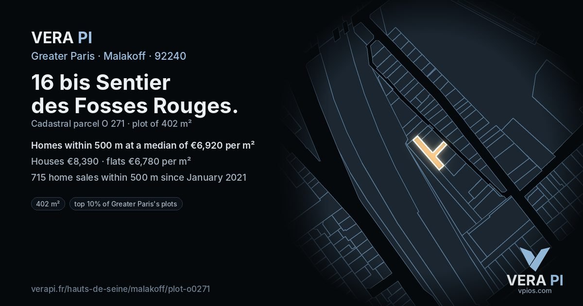 16 bis Sentier des Fosses Rouges, Malakoff at night – the plot lit, the parcels around coloured by the prices near them