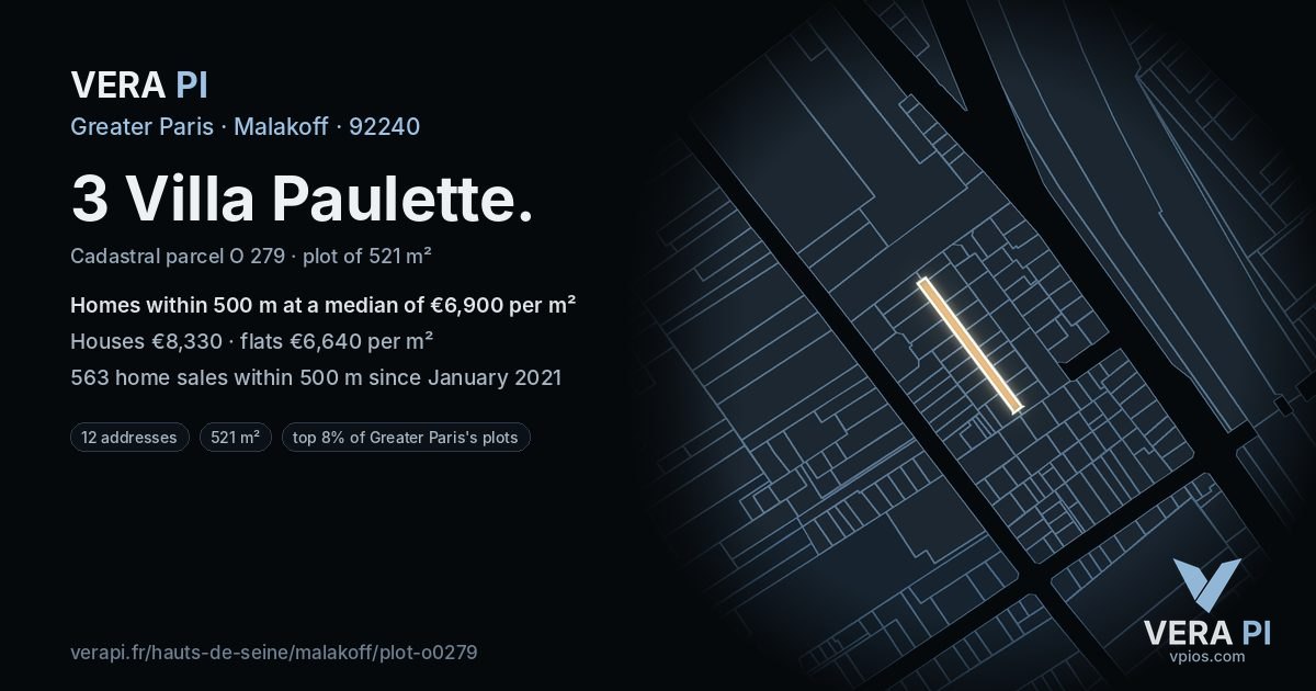 3 Villa Paulette, Malakoff at night – the plot lit, the parcels around coloured by the prices near them