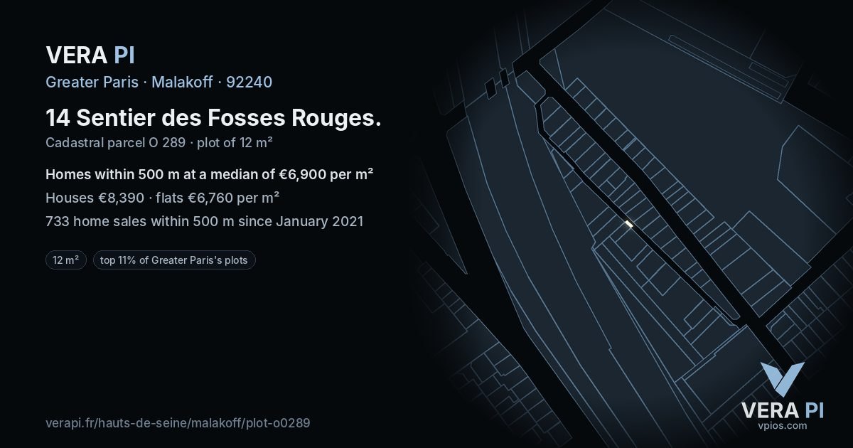 14 Sentier des Fosses Rouges, Malakoff at night – the plot lit, the parcels around coloured by the prices near them