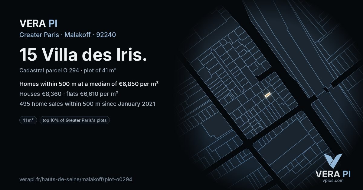 15 Villa des Iris, Malakoff at night – the plot lit, the parcels around coloured by the prices near them