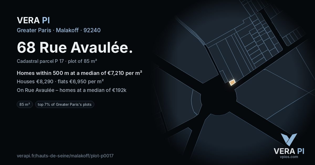 68 Rue Avaulée, Malakoff at night – the plot lit, the parcels around coloured by the prices near them