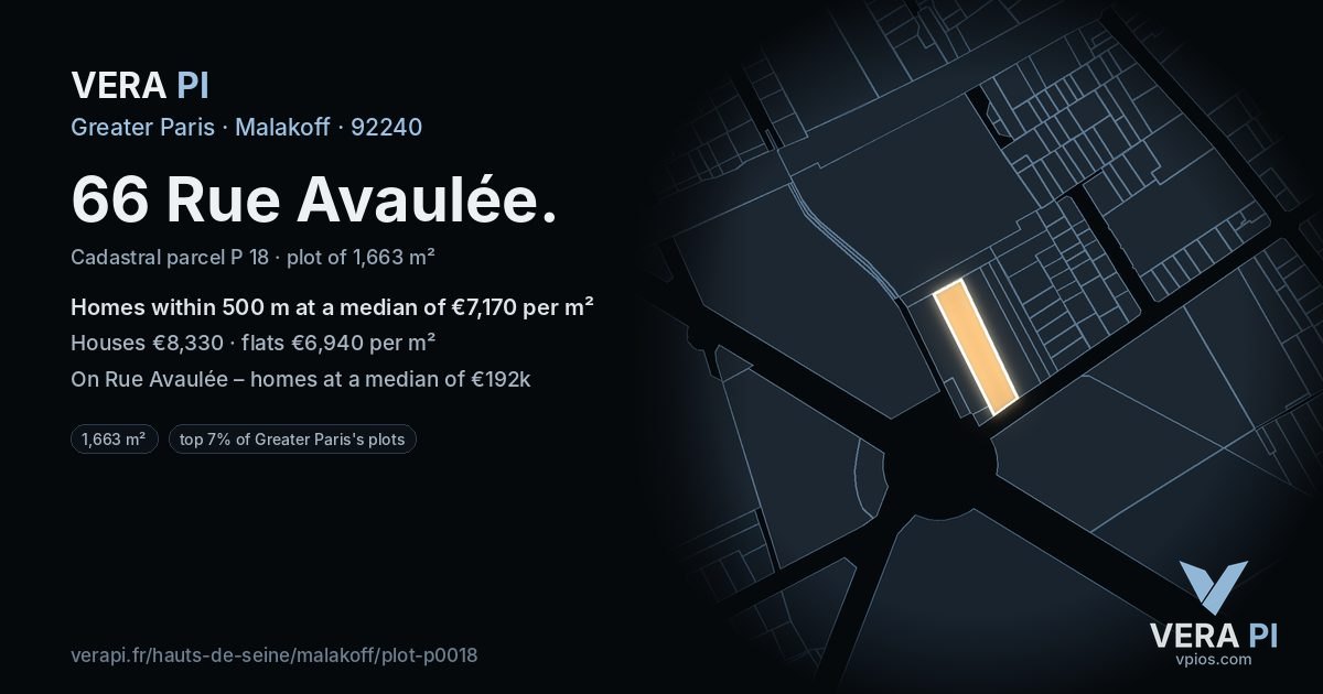66 Rue Avaulée, Malakoff at night – the plot lit, the parcels around coloured by the prices near them