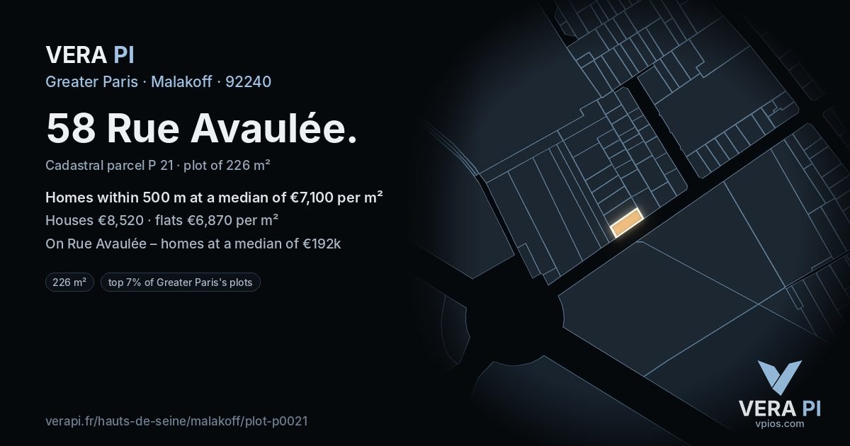 58 Rue Avaulée, Malakoff at night – the plot lit, the parcels around coloured by the prices near them
