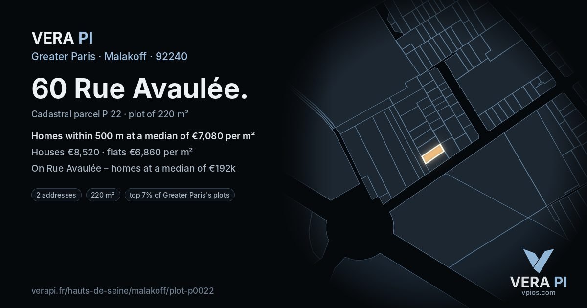 60 Rue Avaulée, Malakoff at night – the plot lit, the parcels around coloured by the prices near them