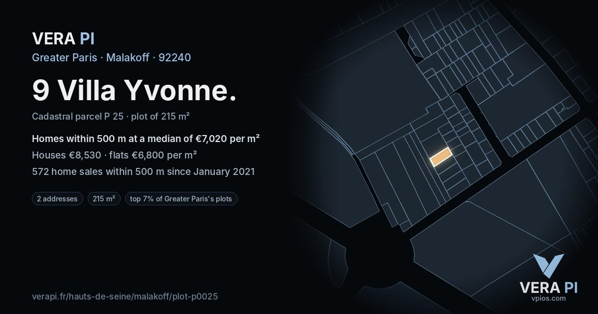 9 Villa Yvonne, Malakoff at night – the plot lit, the parcels around coloured by the prices near them