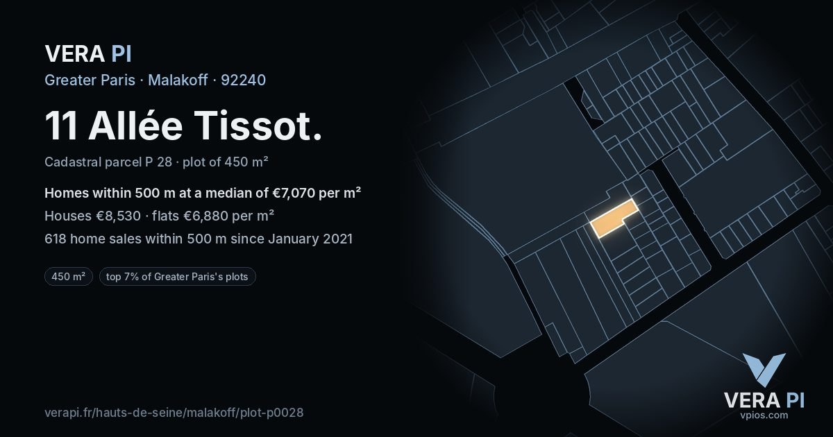 11 Allée Tissot, Malakoff at night – the plot lit, the parcels around coloured by the prices near them