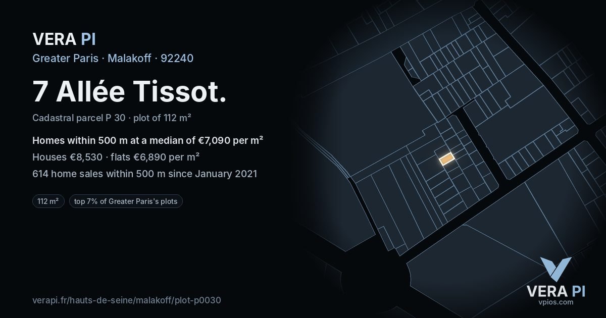 7 Allée Tissot, Malakoff at night – the plot lit, the parcels around coloured by the prices near them