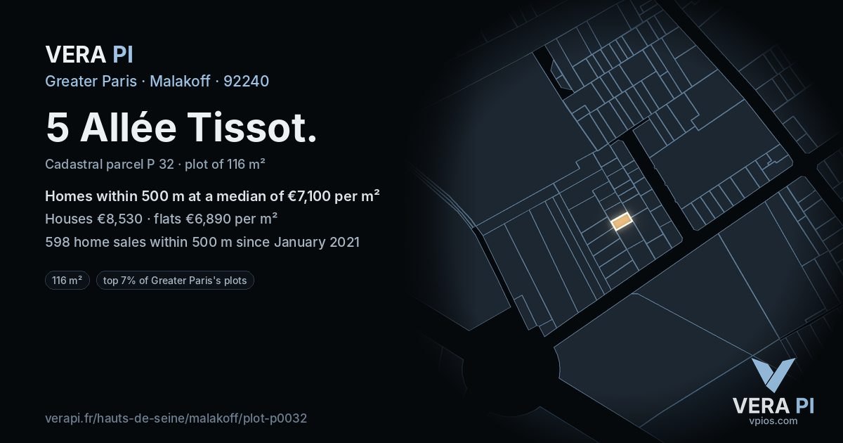 5 Allée Tissot, Malakoff at night – the plot lit, the parcels around coloured by the prices near them