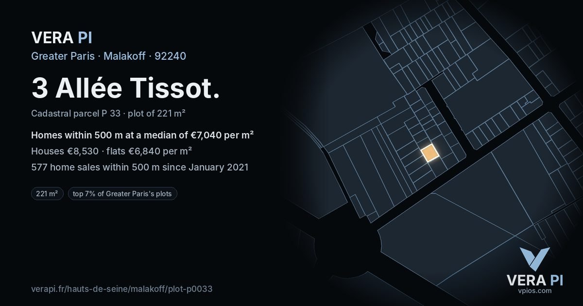 3 Allée Tissot, Malakoff at night – the plot lit, the parcels around coloured by the prices near them
