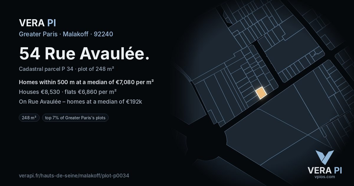 54 Rue Avaulée, Malakoff at night – the plot lit, the parcels around coloured by the prices near them