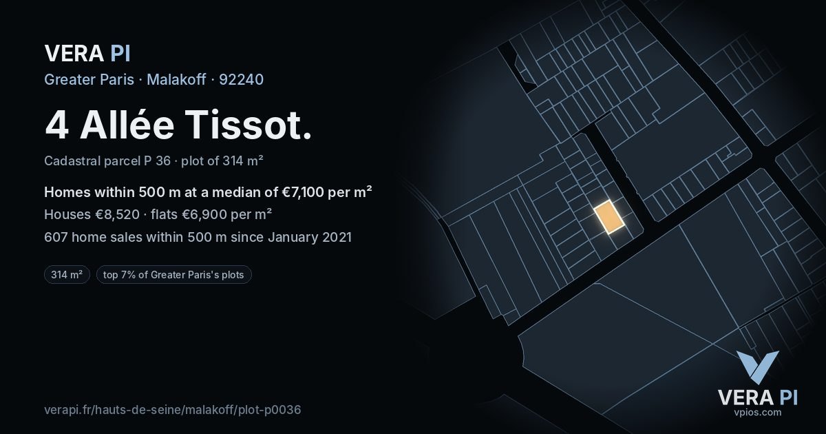 4 Allée Tissot, Malakoff at night – the plot lit, the parcels around coloured by the prices near them
