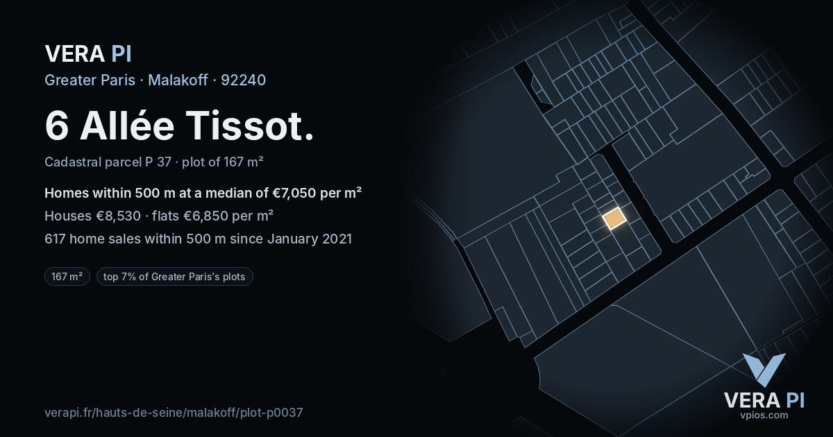 6 Allée Tissot, Malakoff at night – the plot lit, the parcels around coloured by the prices near them