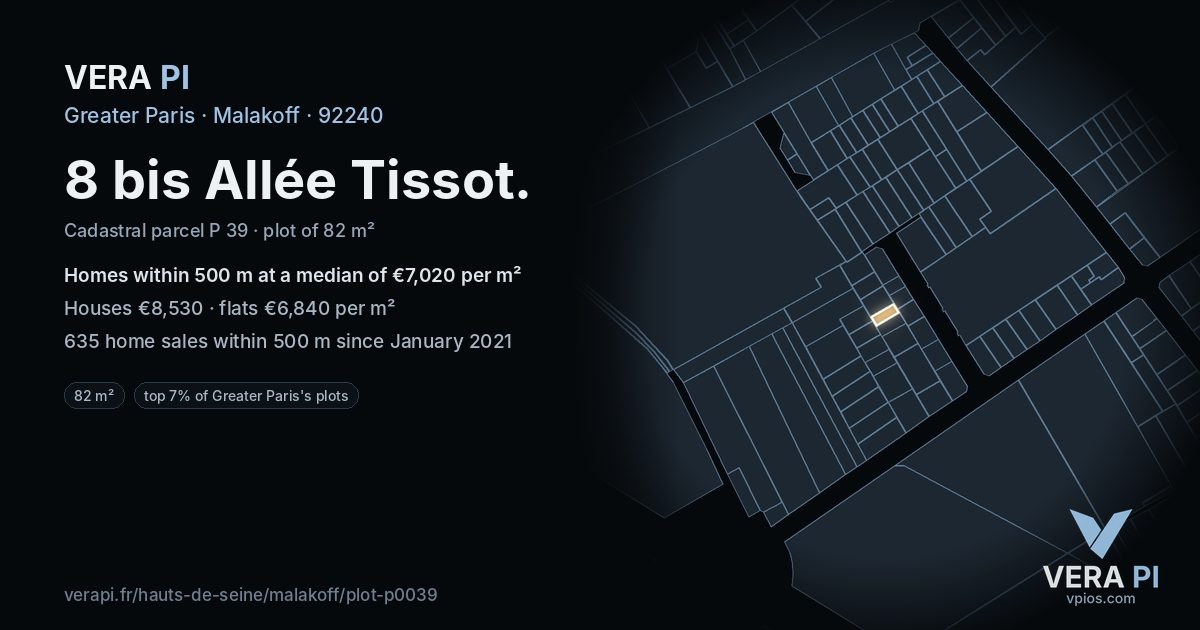 8 bis Allée Tissot, Malakoff at night – the plot lit, the parcels around coloured by the prices near them