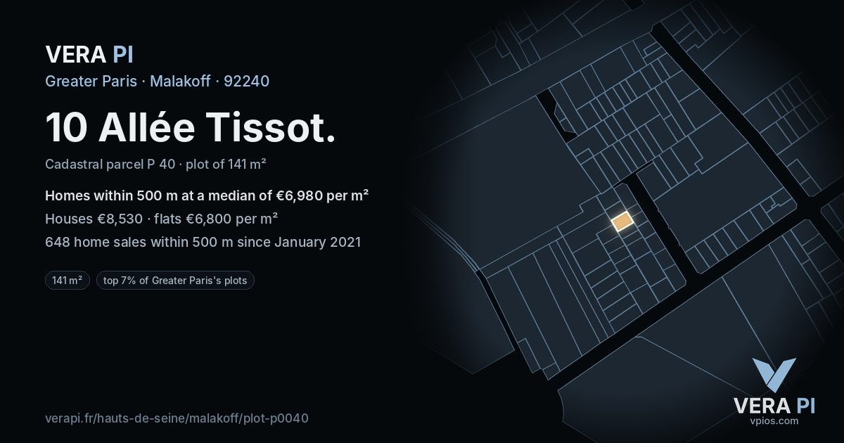 10 Allée Tissot, Malakoff at night – the plot lit, the parcels around coloured by the prices near them