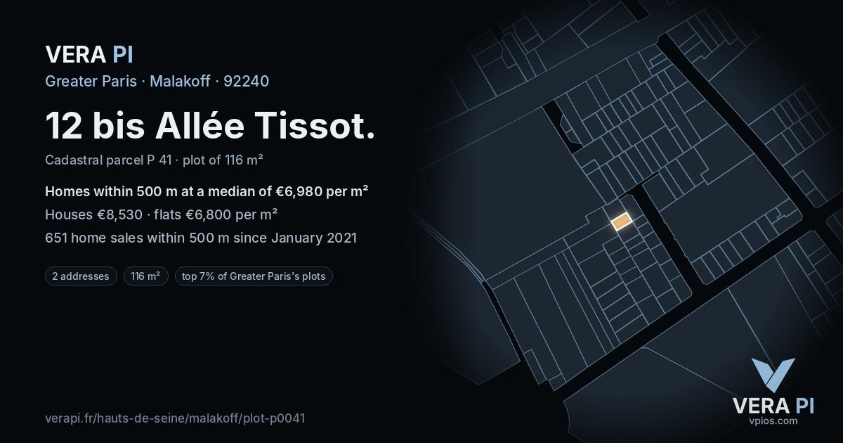 12 bis Allée Tissot, Malakoff at night – the plot lit, the parcels around coloured by the prices near them