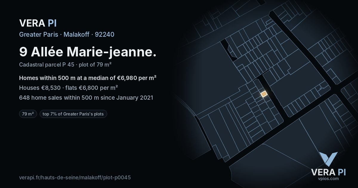 9 Allée Marie-jeanne, Malakoff at night – the plot lit, the parcels around coloured by the prices near them