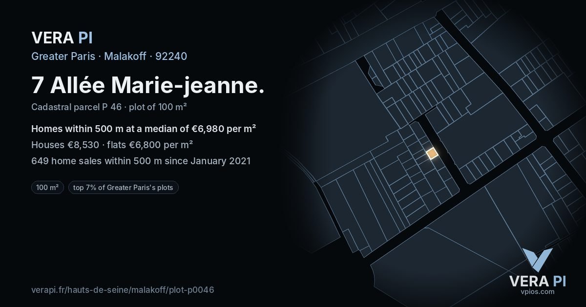7 Allée Marie-jeanne, Malakoff at night – the plot lit, the parcels around coloured by the prices near them