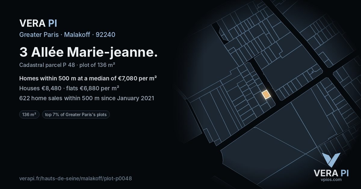 3 Allée Marie-jeanne, Malakoff at night – the plot lit, the parcels around coloured by the prices near them